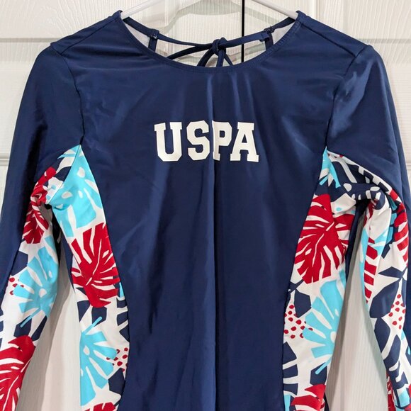 US Polo Assn. Women's Floral Long Sleeve Swimsuit, Navy, Size M (7-9), Tie Back - Picture 2 of 16